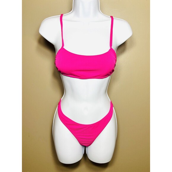 IBIZA VIBE Ribbed Neon Bikini Set Scoop Crop Top Brazilian 2pc Small - Picture 2 of 3